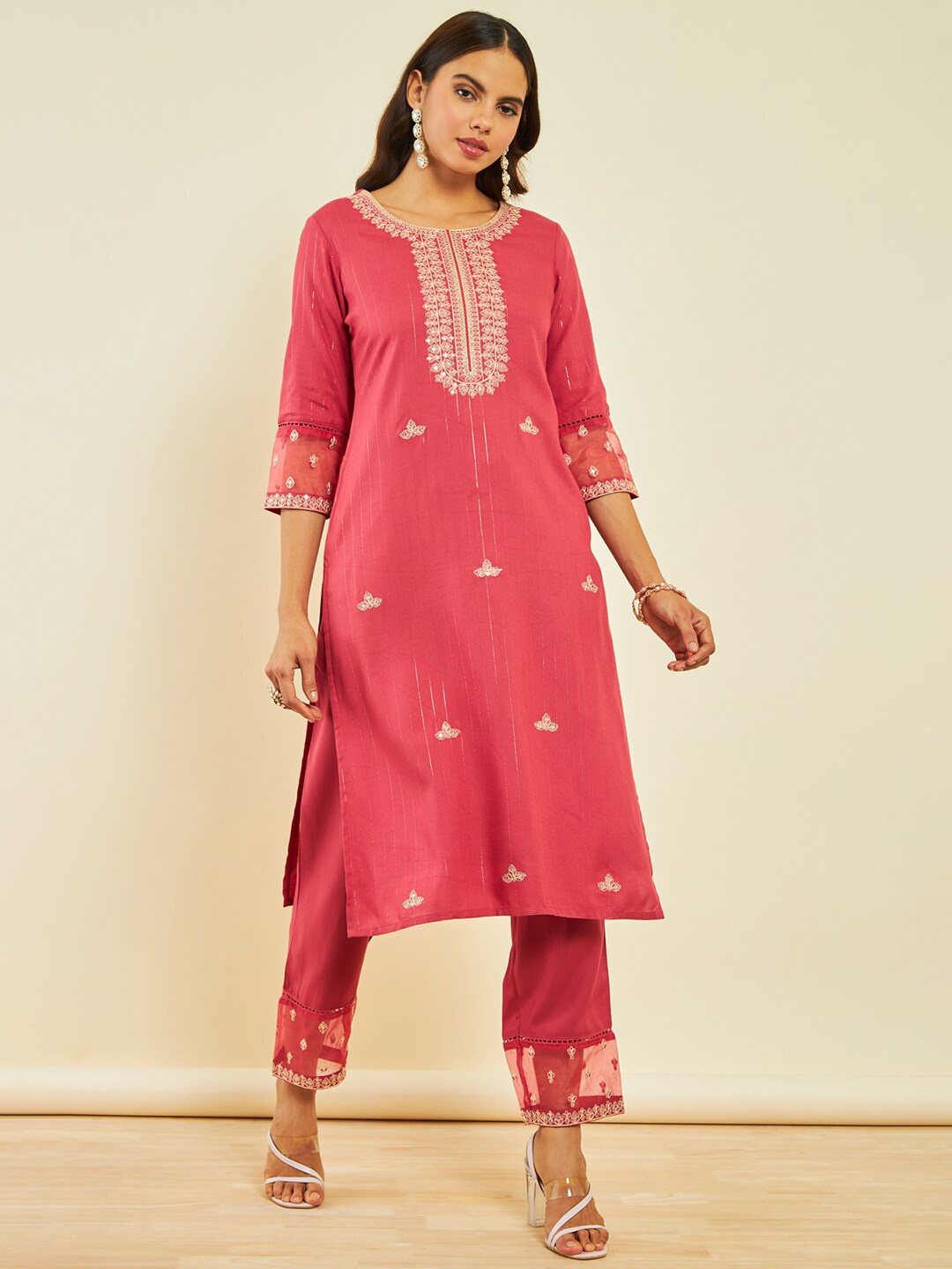 

Soch Ethnic Motifs Embroidered Sequinned Kurta With Trousers, Coral