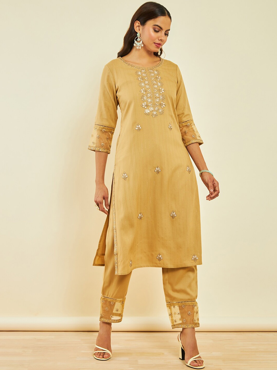 

Soch Ethnic Motifs Embroidered Sequinned Kurta With Trousers, Beige