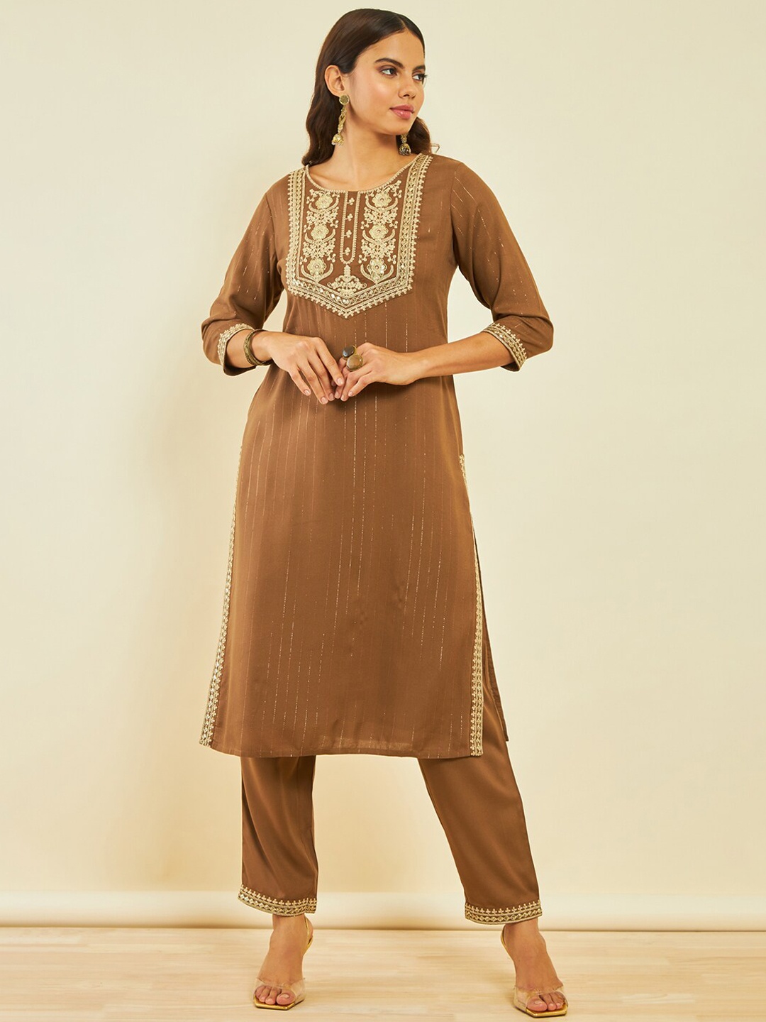 

Soch Ethnic Motifs Embroidered Sequinned Kurta With Trousers, Brown