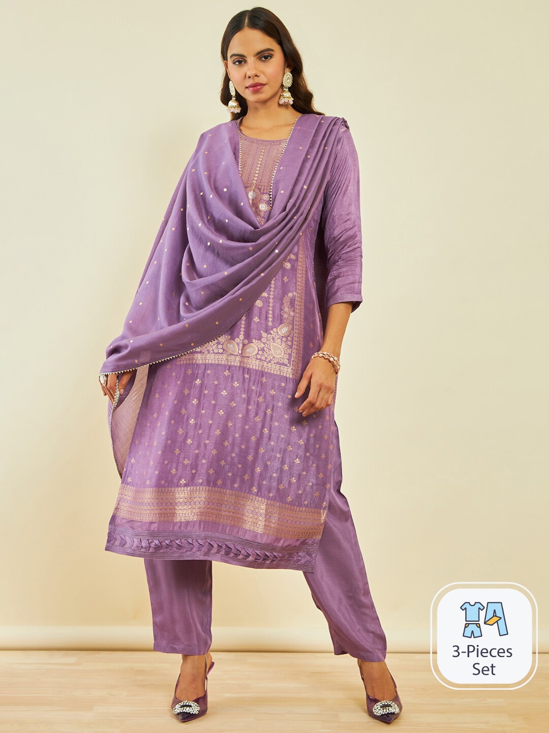 

Soch Ethnic Motifs Woven Design Gotta Patti Kurta With Trousers & Dupatta, Purple