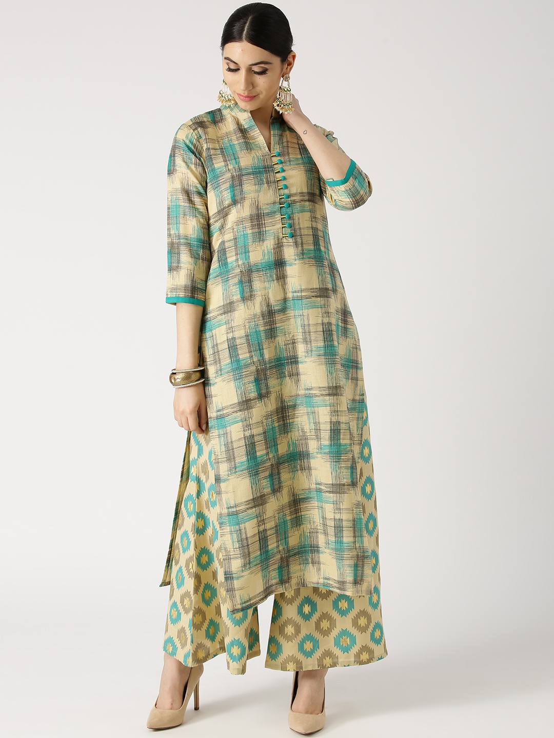 

Libas Women Beige & Green Abstract Print Kurta with Palazzos
