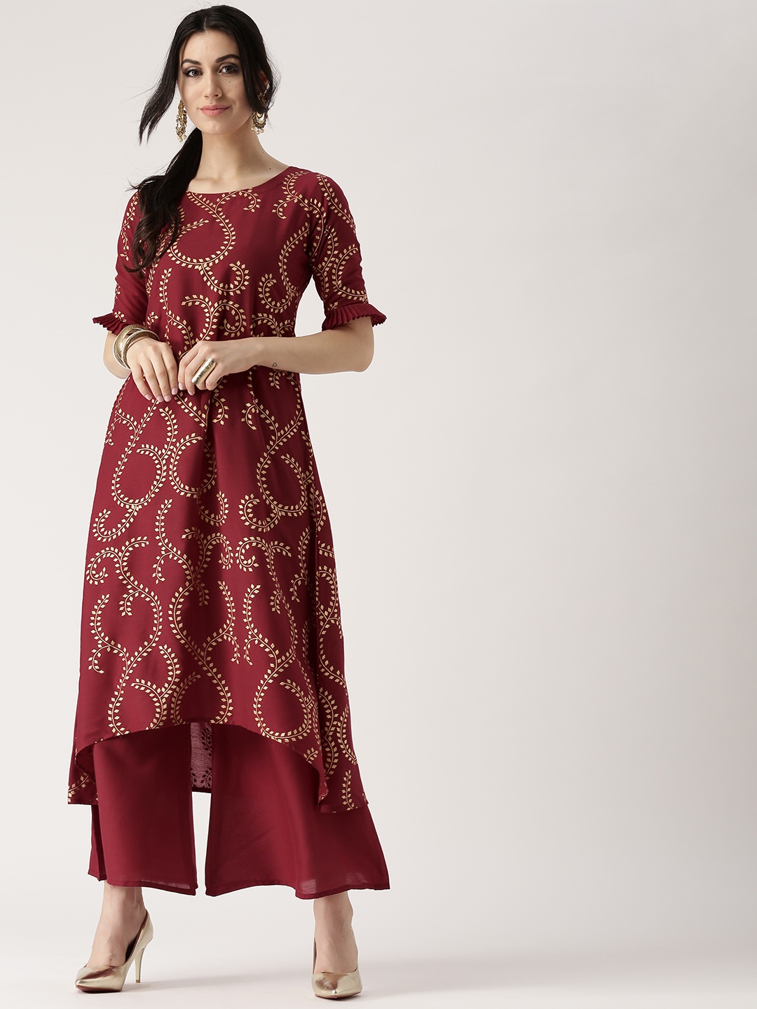 

Libas Women Maroon Block Print Kurta with Palazzos