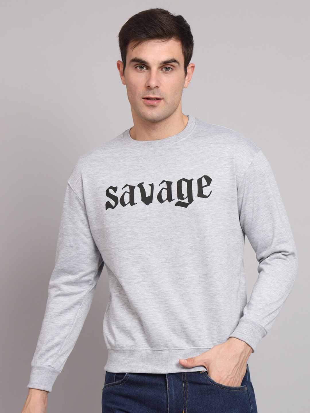 

Obaan Typography Printed Cotton Pullover Sweatshirt, Grey