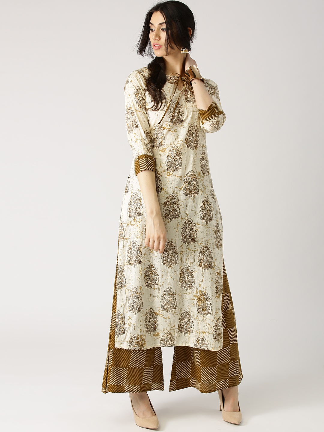 

Libas Women Off-White & Brown Printed Kurta with Palazzos