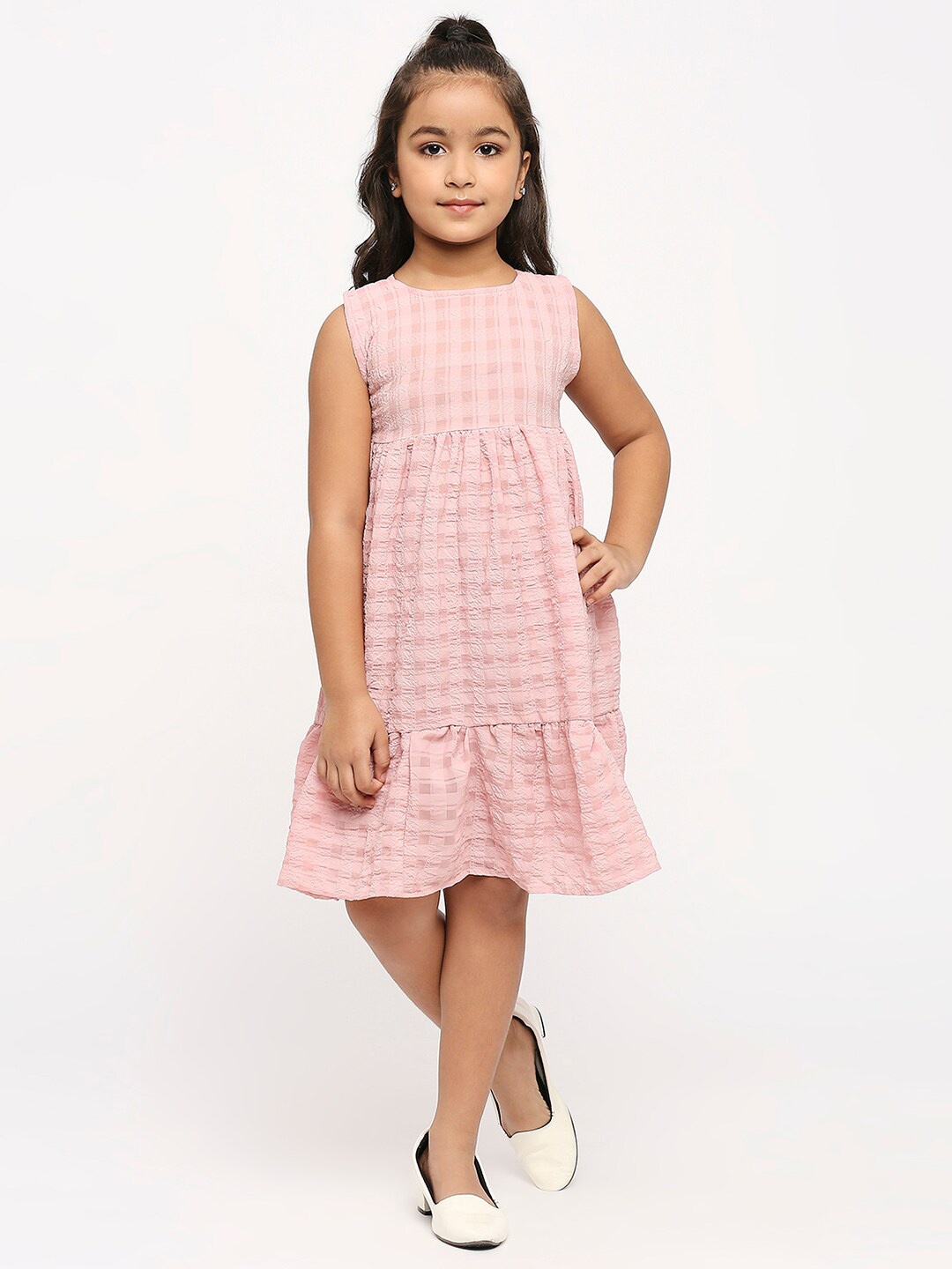

GUFRINA Girls Checked Flounce Hem Fit & Flare Dress, Peach