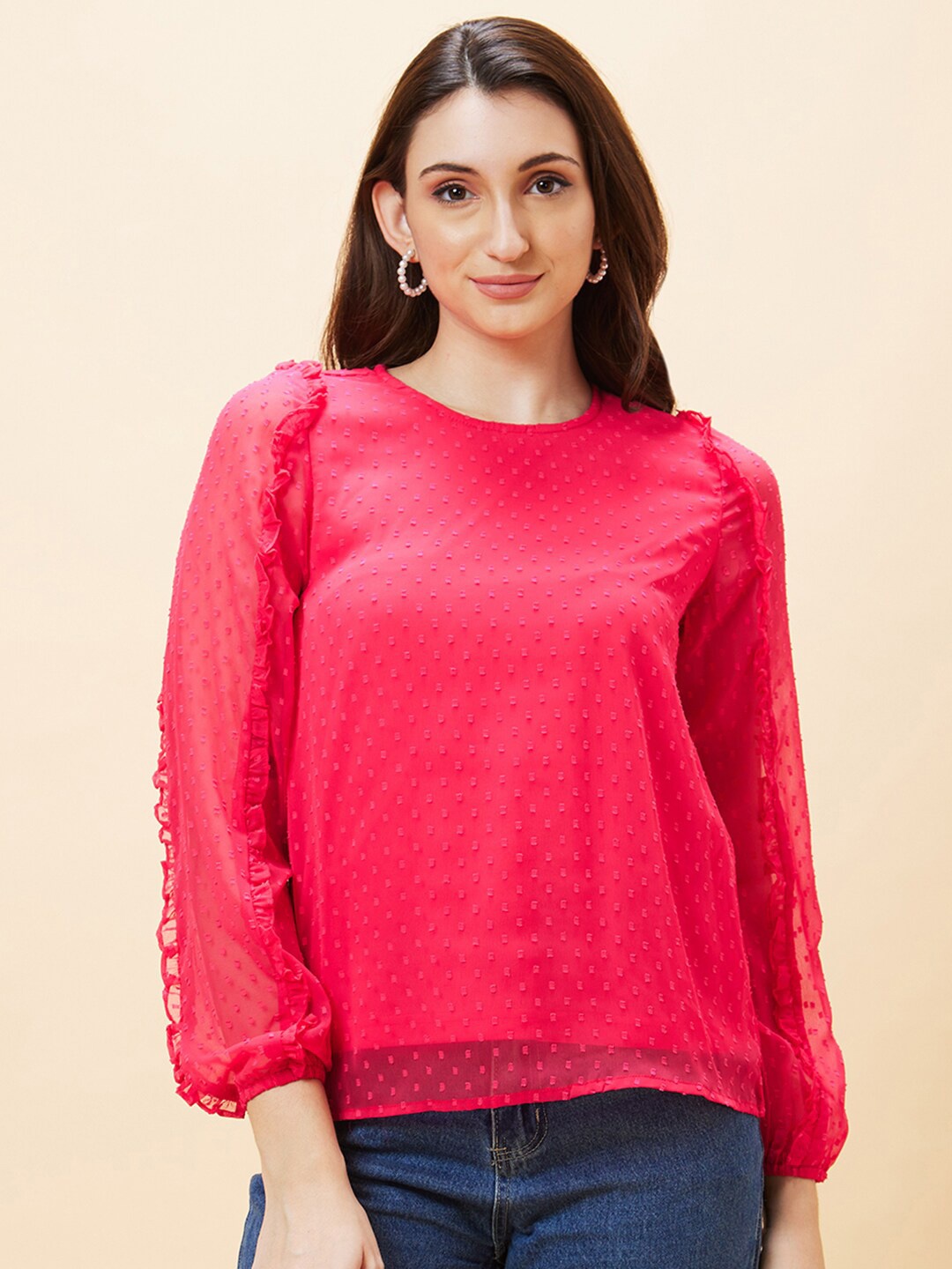 

Globus Self Design Round Neck Puff Sleeve Ruffles Top, Pink