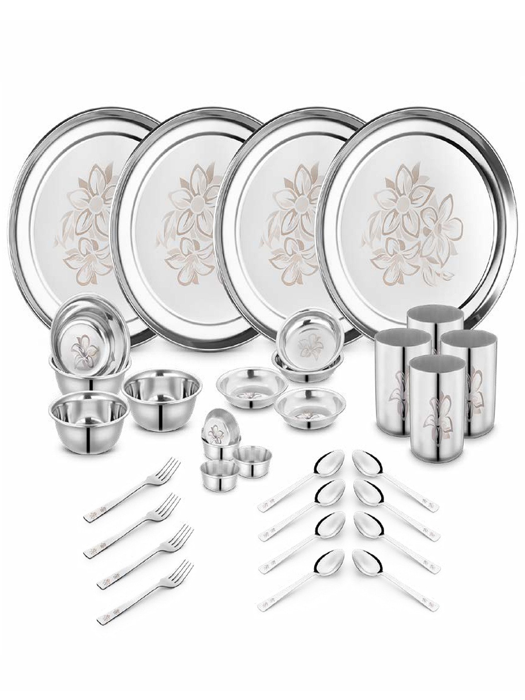 Classic Essentials Silver-Toned 32 Pieces Glory Design Stainless Steel Glossy Dinner Set