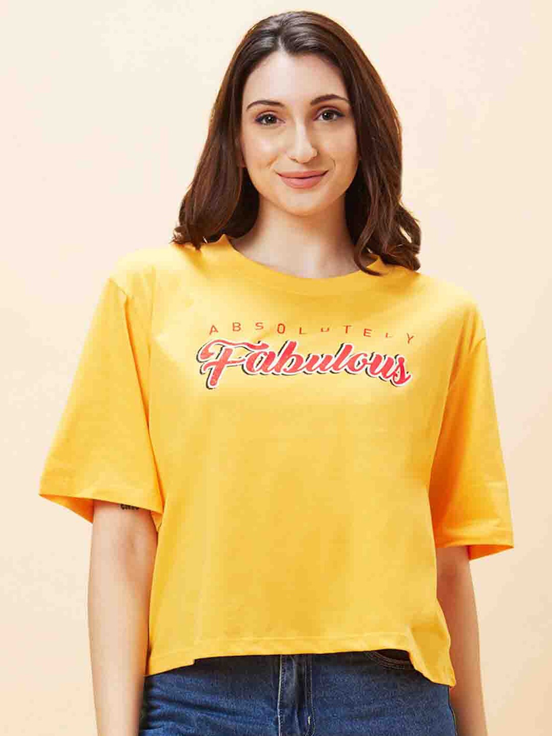 

Globus Typography Printed Pure Cotton Oversized T-shirt, Yellow