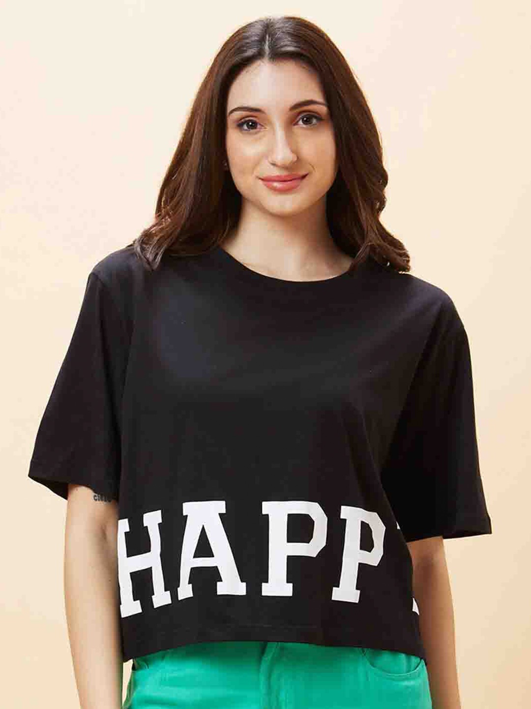 

Globus Typography Printed Pure Cotton Oversized T-shirt, Black