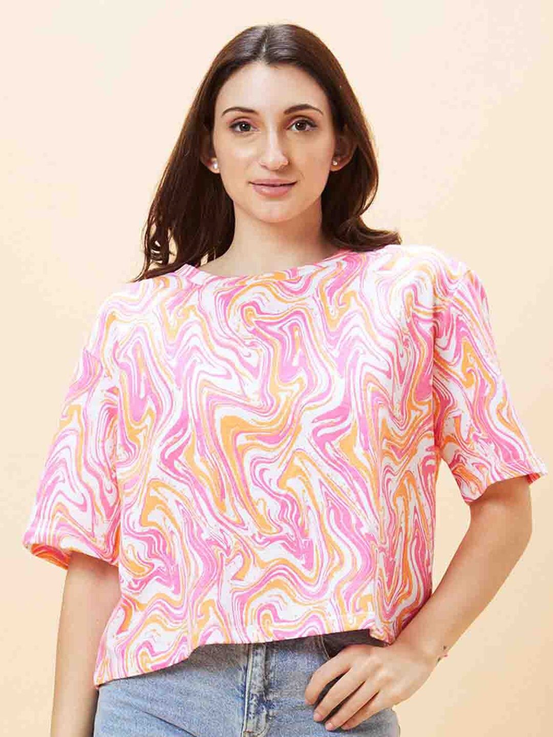 

Globus Abstract Printed Pure Cotton Boxy T-shirt, Pink