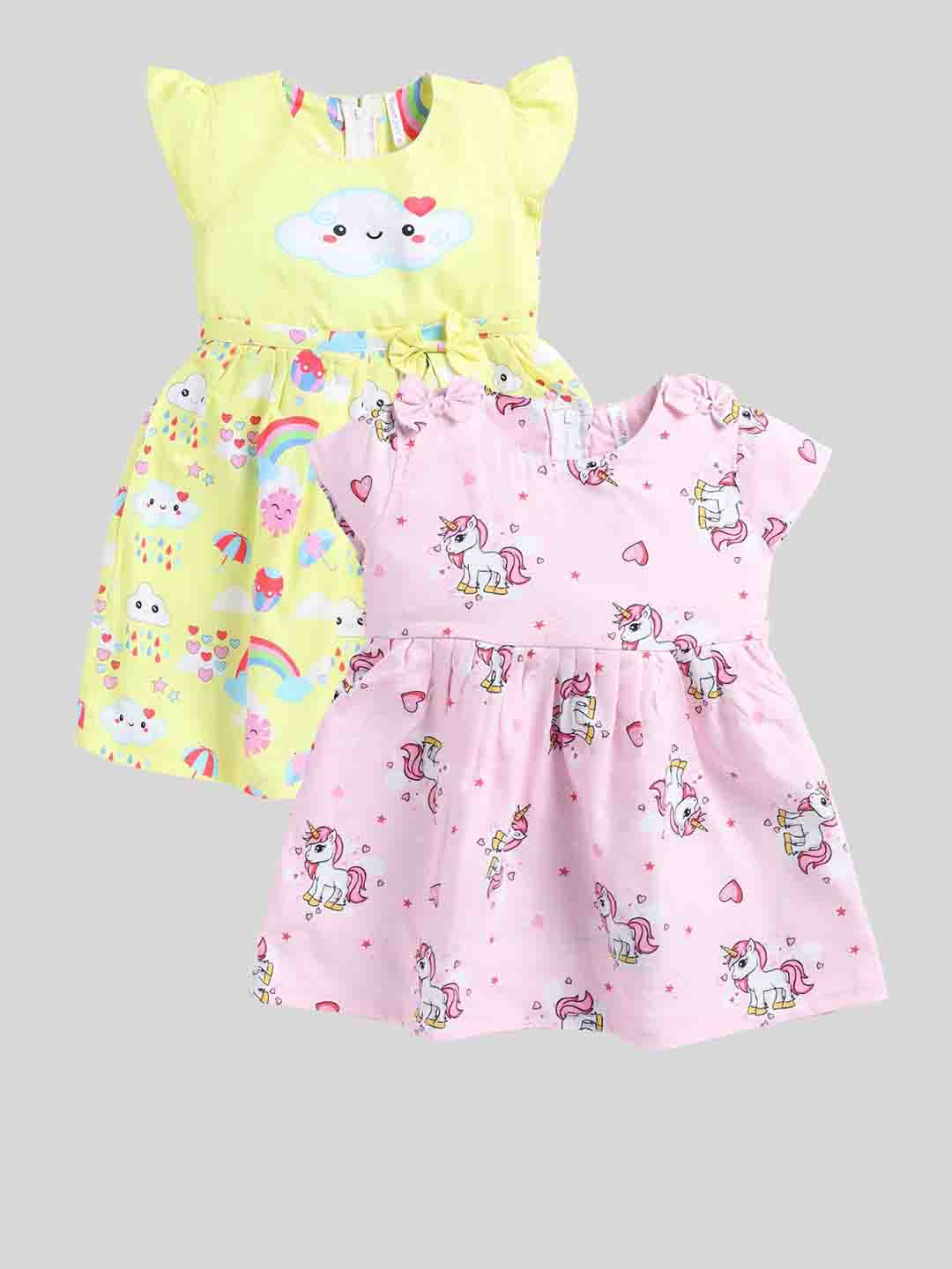 

Toonyport Girls Pack Of 2 Conversational Printed Cap Sleeves Fit & Flare Dress, Pink