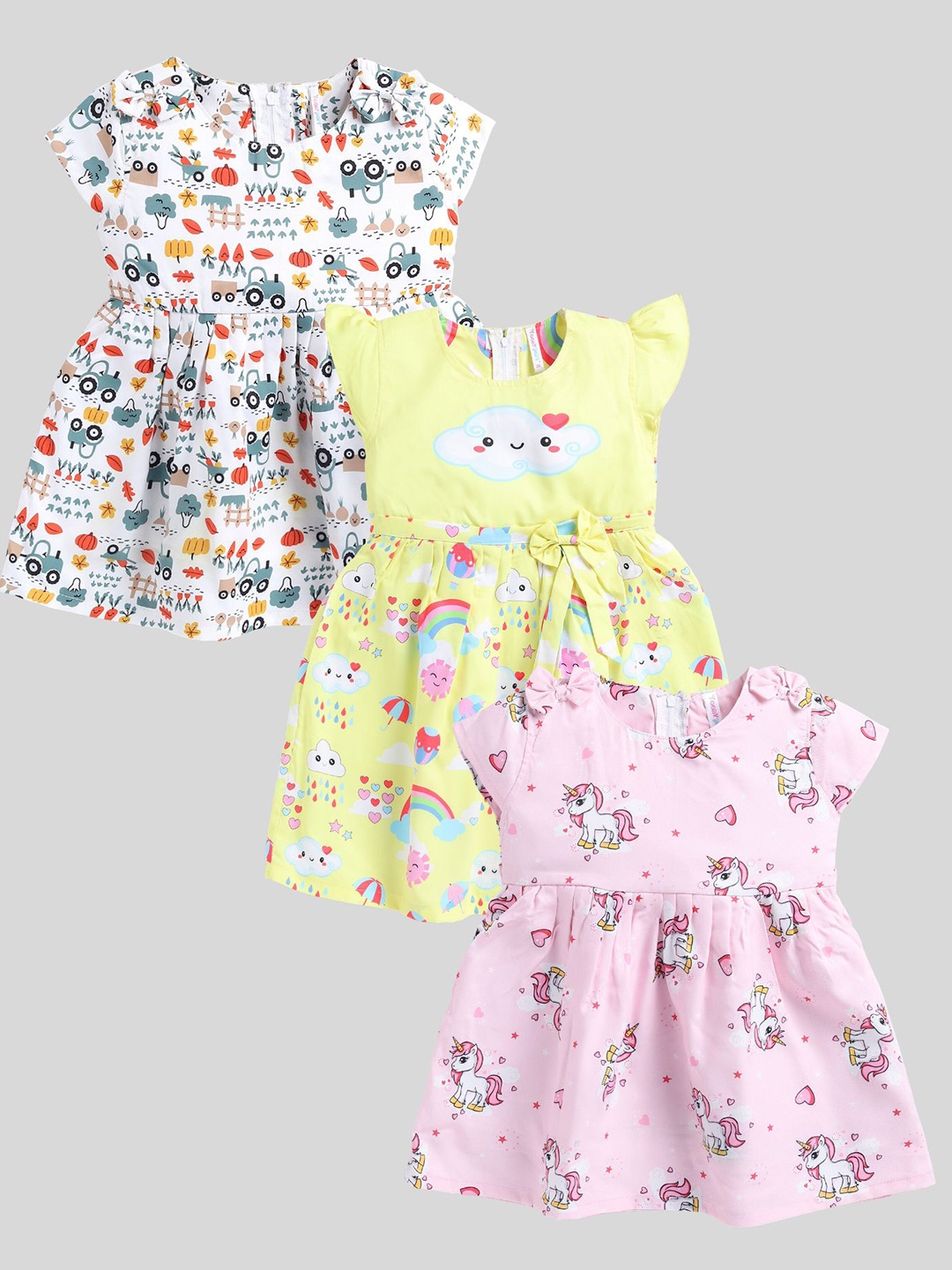 

Toonyport Girls Pack Of 3 Graphic Printed Cotton Fit & Flare Dresses, White
