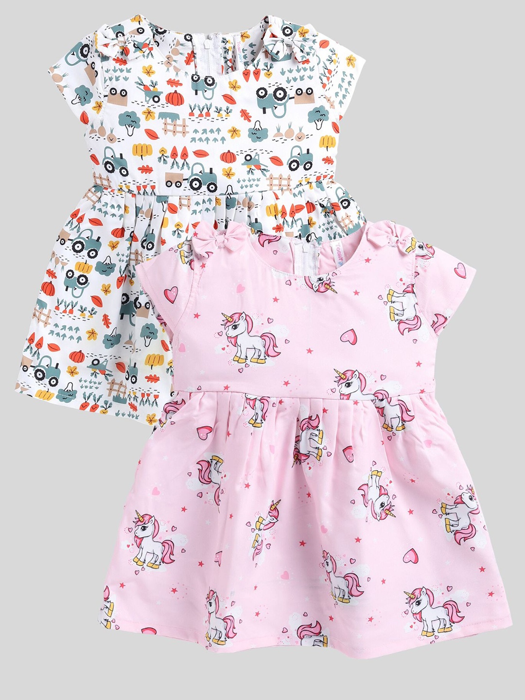 

Toonyport Girls Pack Of 2 Conversational Printed Cotton Fit & Flare Dresses, White