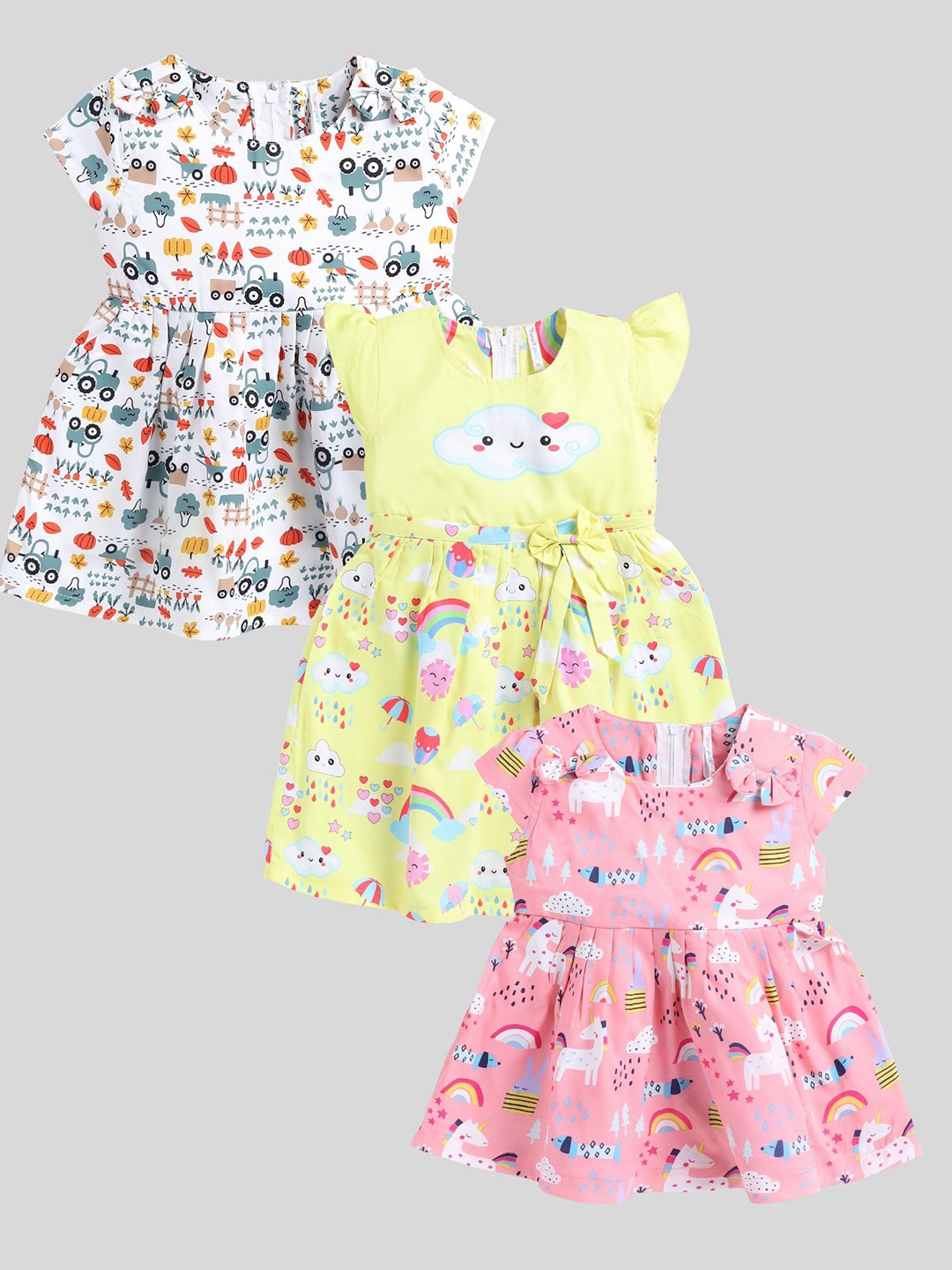 

Toonyport Girls Pack Of 3 Conversational Printed Cotton Fit & Flare Dresses, White