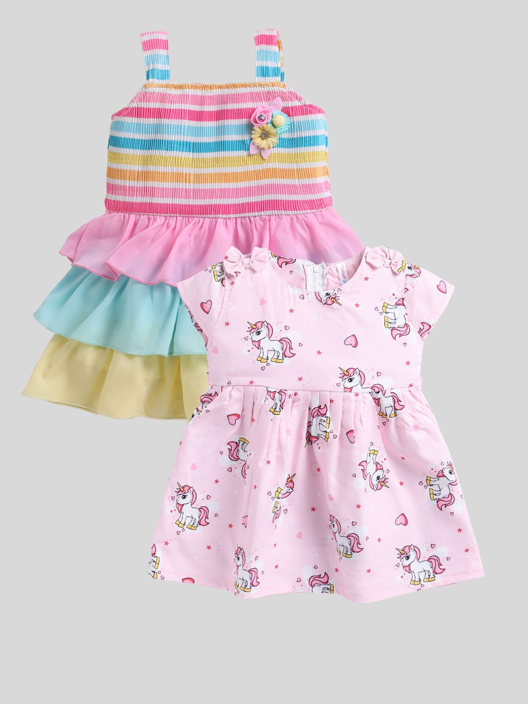 Toonyport Girls Pack Of 2 Conversational Printed Cotton Fit & Flare Dresses, Pink