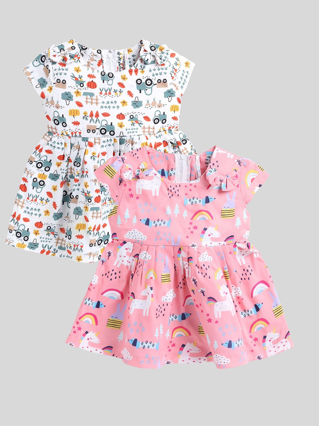 Toonyport Girls Pack Of 2 Conversational Printed Cotton Fit & Flare Dresses, White