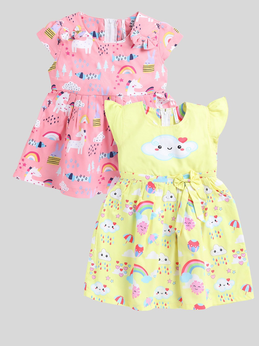 

Toonyport Girls Pack Of 2 Conversational Printed Cap Sleeves Fit & Flare Dress, Pink
