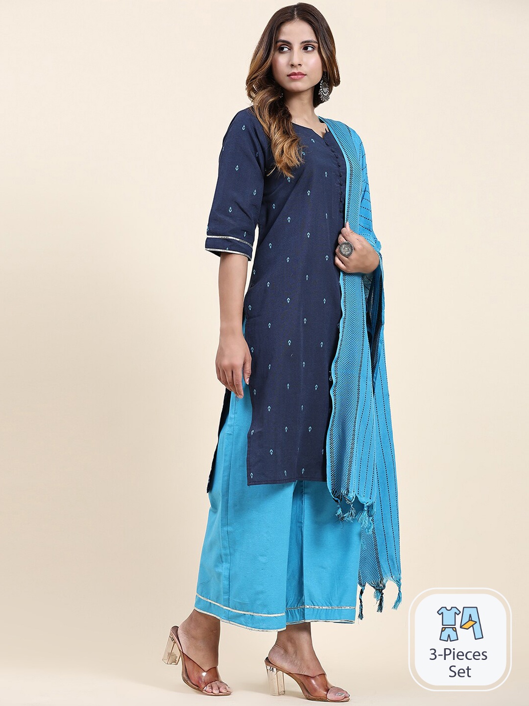 

KALINI Ethnic Motifs Embroidered Straight Kurta With Palazzos & Dupatta, Navy blue