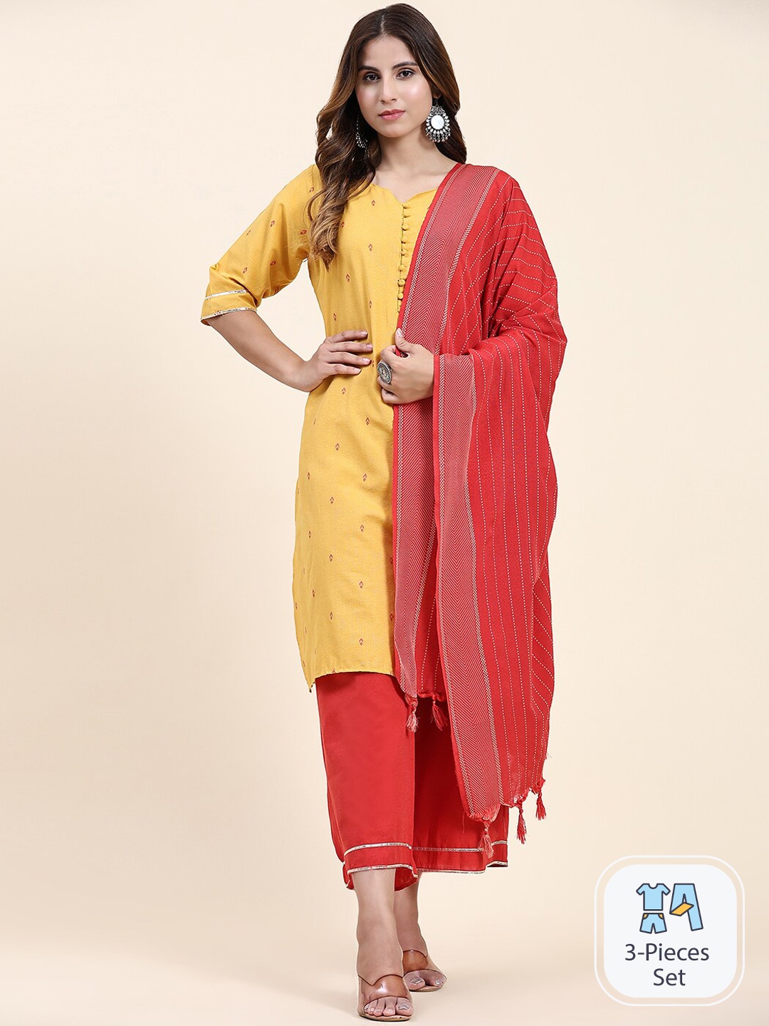 

KALINI Ethnic Motifs Embroidered Regular Thread Work Kurta With Palazzos & Dupatta, Yellow