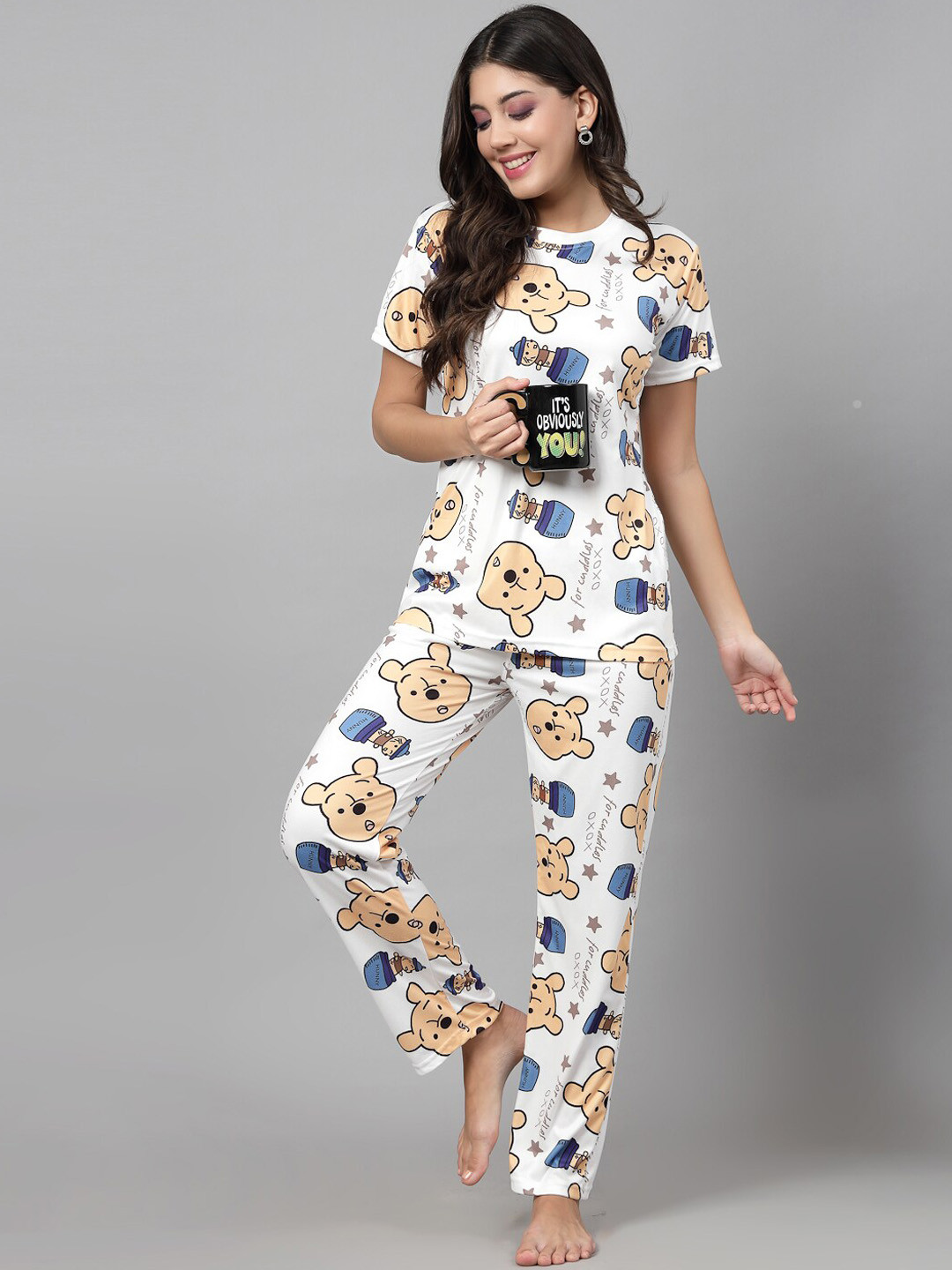 

KALINI Conversational Printed Pure-Cotton T-Shirt & Trouser Co-Ords, White