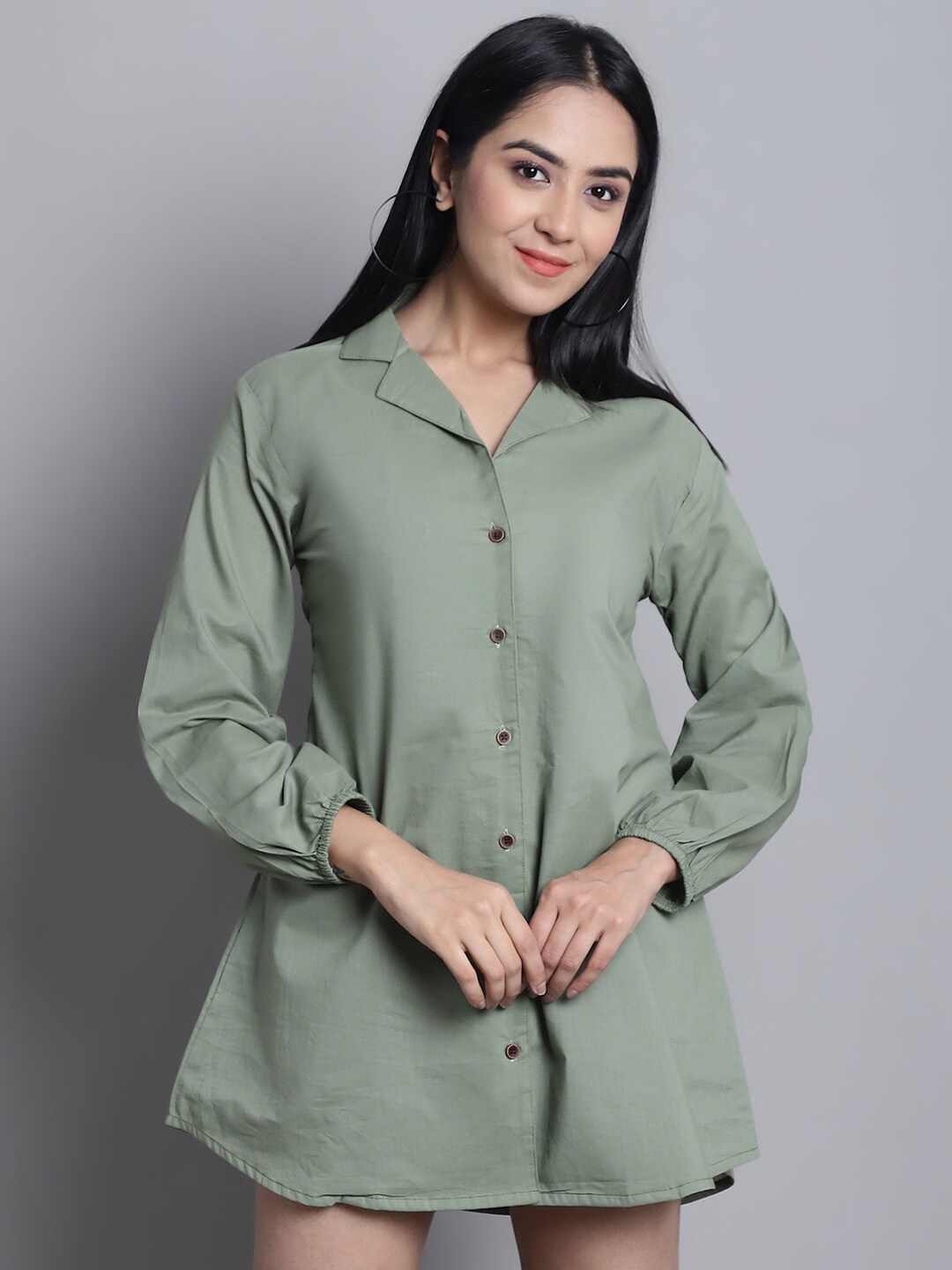 

Enchanted Drapes Shirt Collar Mini Cotton A-Line Dress, Olive