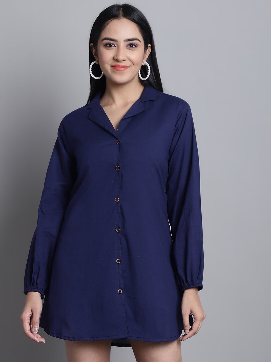 

Enchanted Drapes Puffed Sleeves Pure Cotton Shirt Style Mini Dress, Navy blue