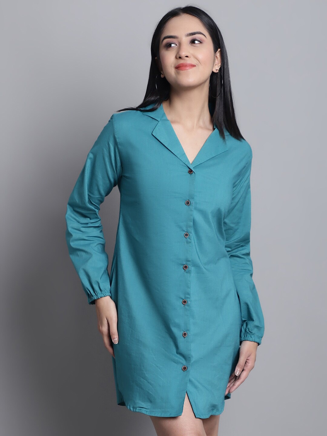 

Enchanted Drapes Puffed Sleeves Pure Cotton Shirt Style Mini Dress, Turquoise blue