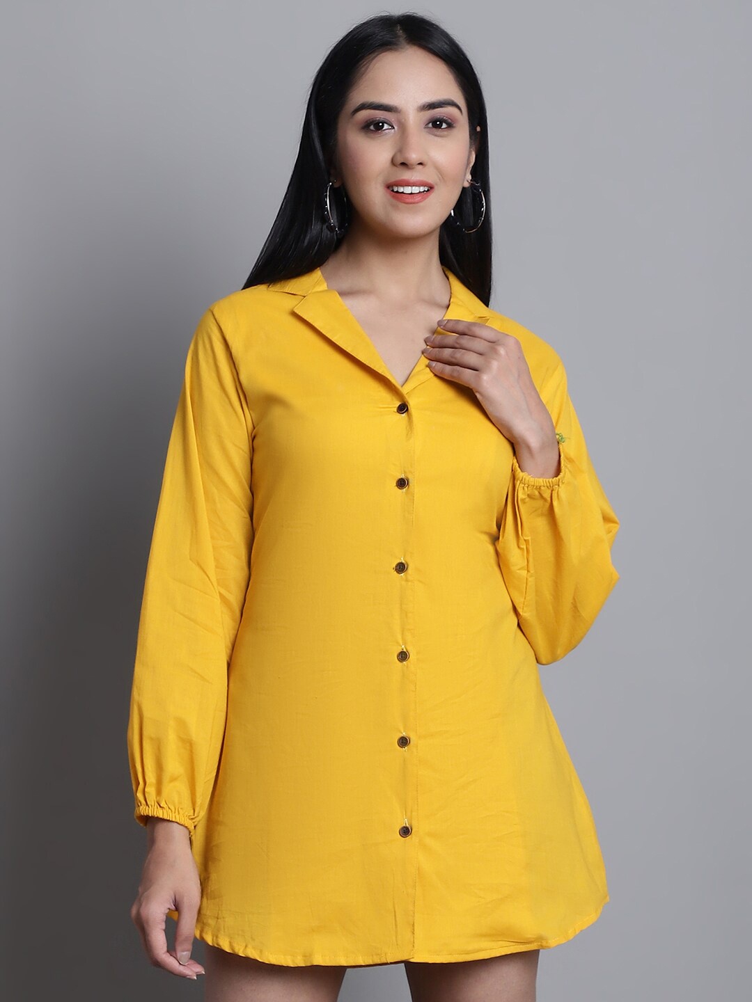 

Enchanted Drapes Puffed Sleeves Pure Cotton Shirt Style Mini Dress, Yellow