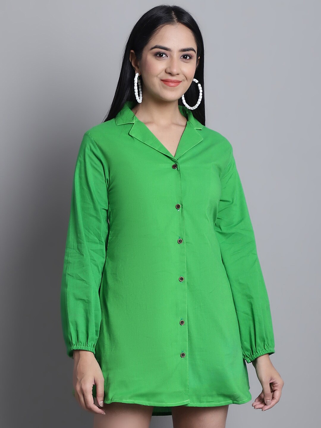 

Enchanted Drapes Puffed Sleeves Pure Cotton Shirt Style Mini Dress, Green