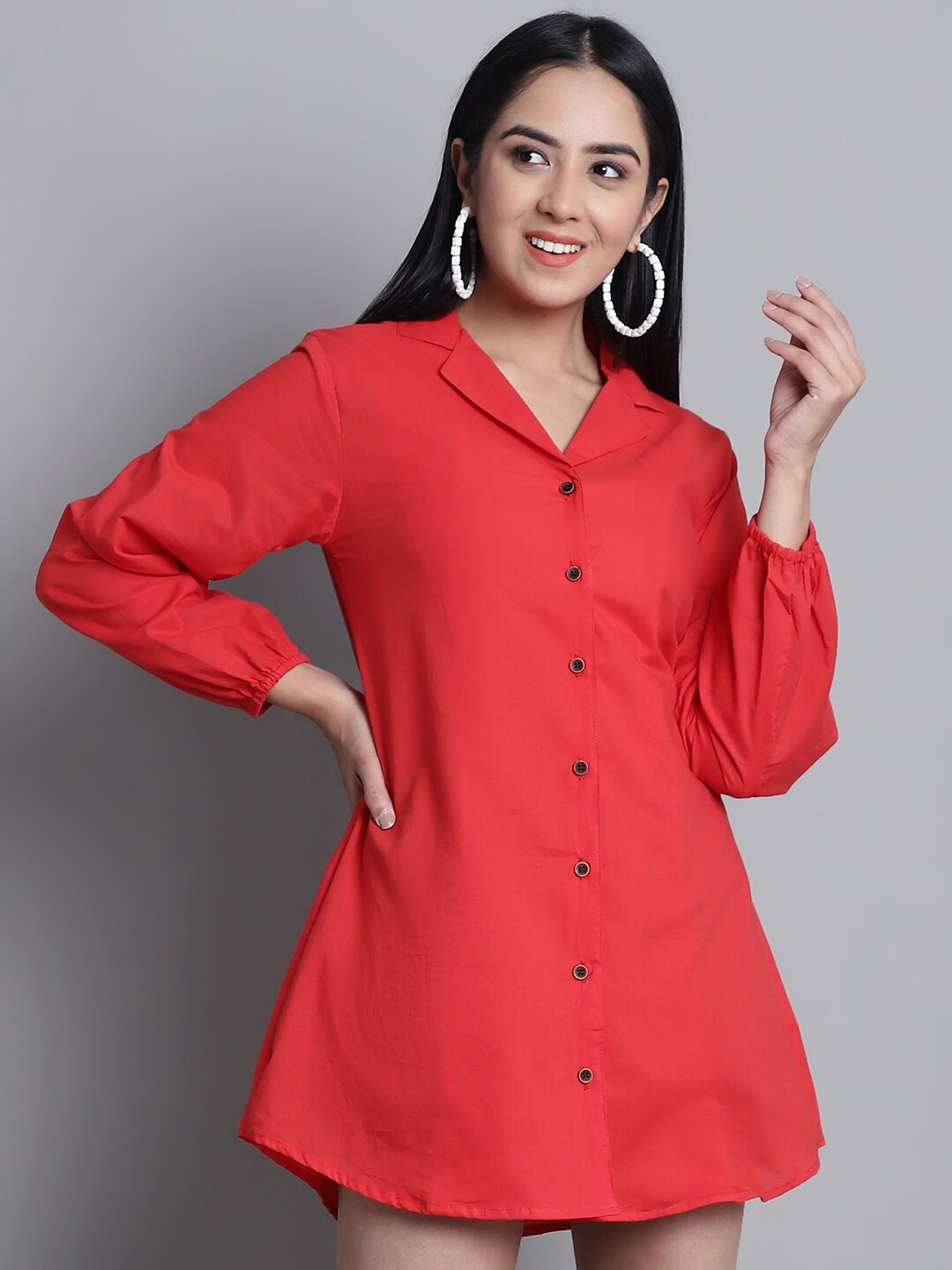 

Enchanted Drapes Puffed Sleeves Pure Cotton Shirt Style Mini Dress, Red