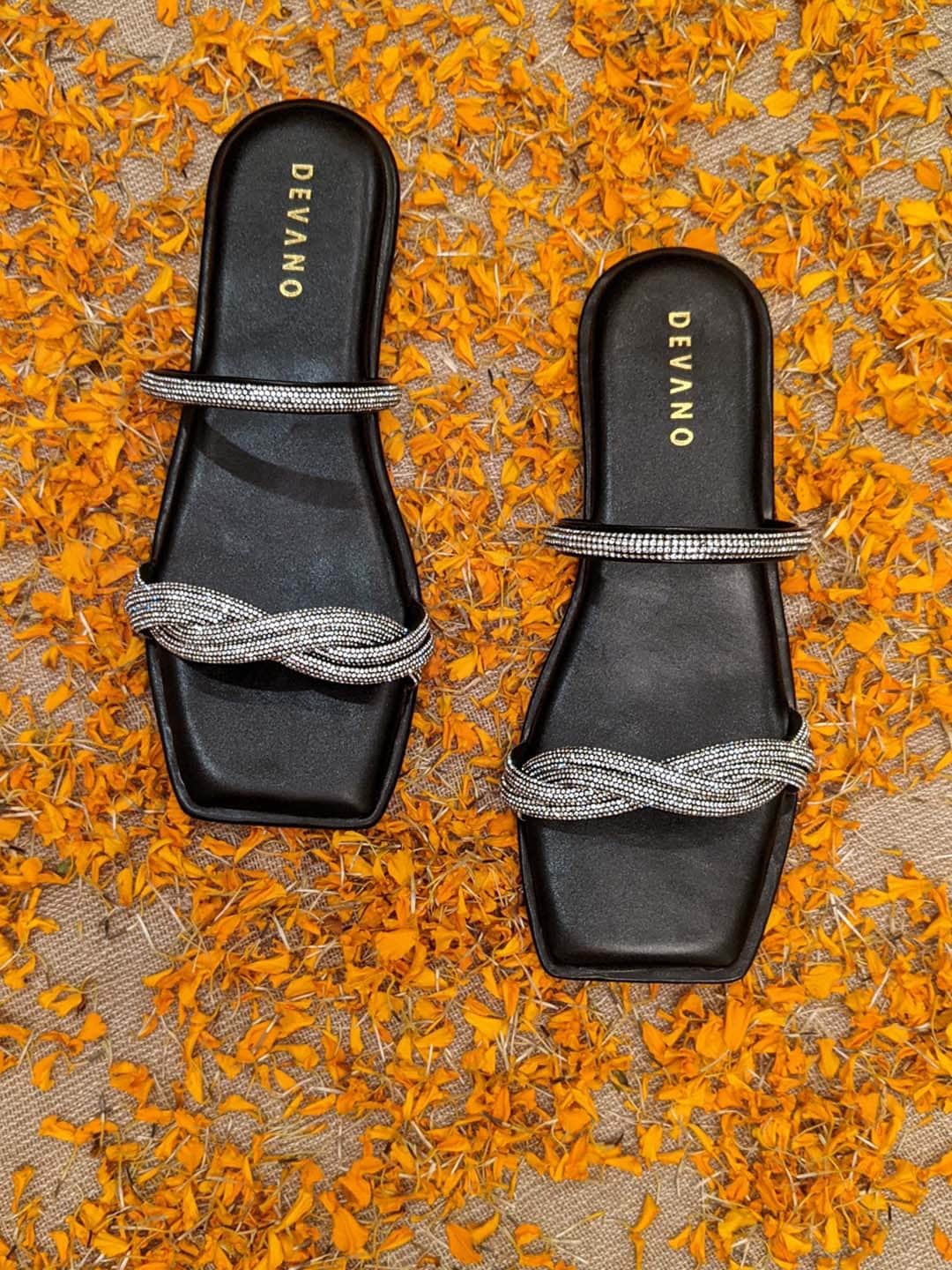 

Devano Embellished Twisted Crystal Open Toe Flats, Black