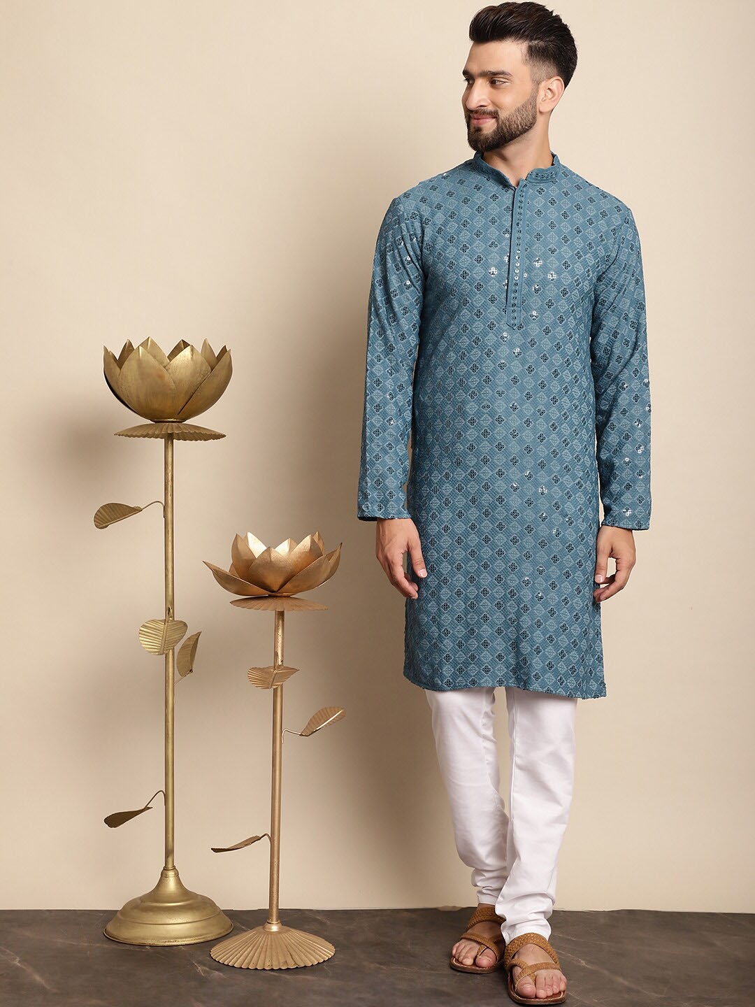 

Anouk Blue Ethnic Motifs Embroidered Thread Work Pure Cotton Straight Kurta With Churidar
