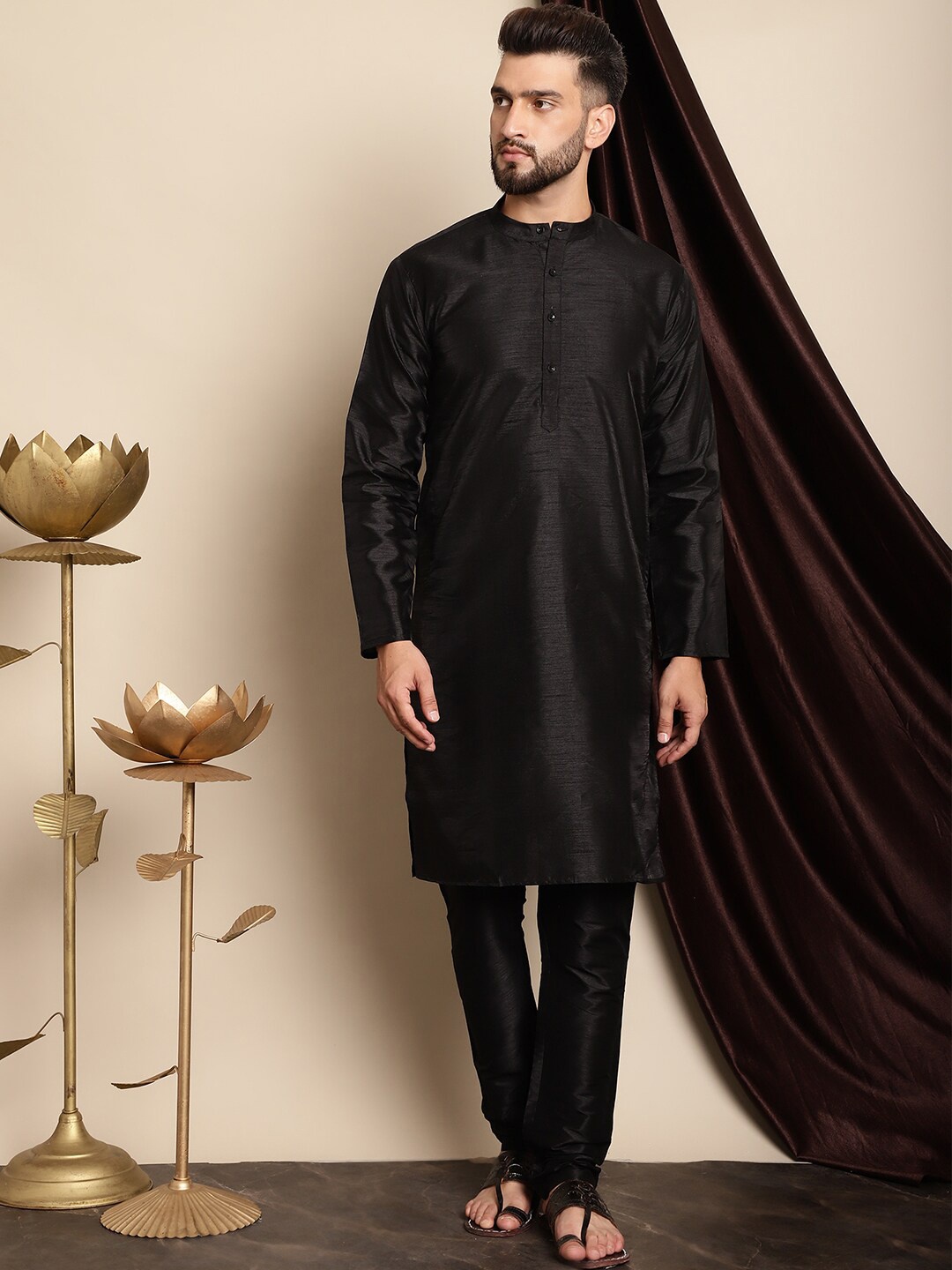 

Anouk Mandarin Collar Dupion Silk Kurta with Churidar, Black