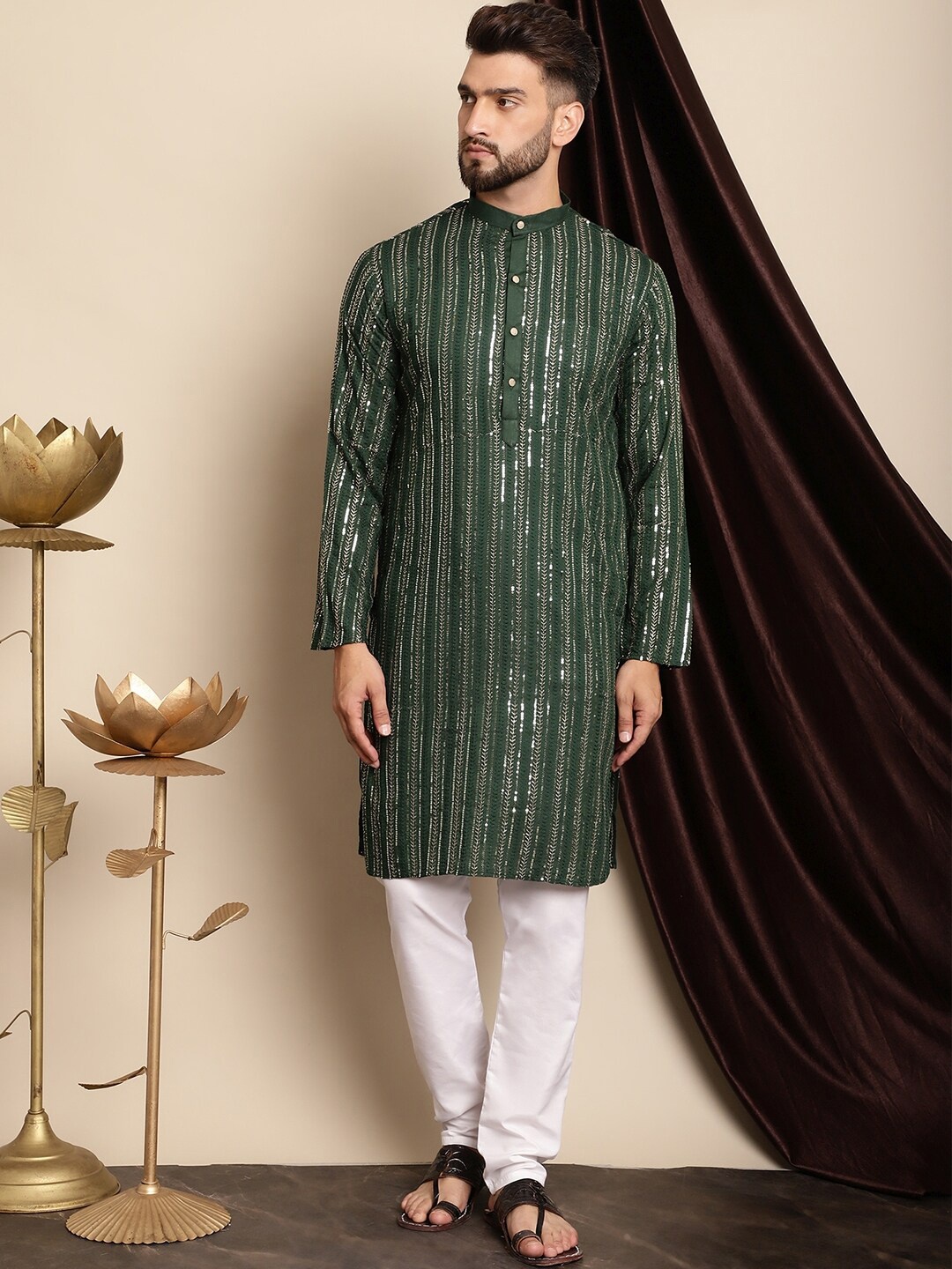 

Anouk Embroidered Band Collar Pure Cotton Regular Kurta with Churidar, Green