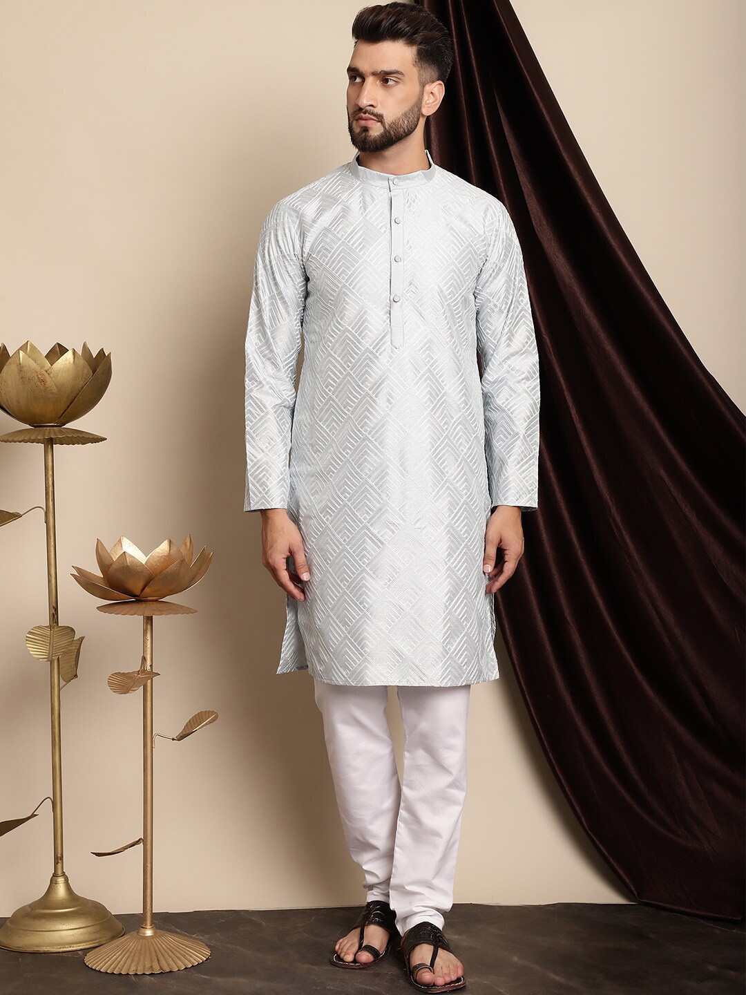 

Anouk Geometric Embroidered Band Collar Thread Work Detail Straight Kurta with Churidar, Grey