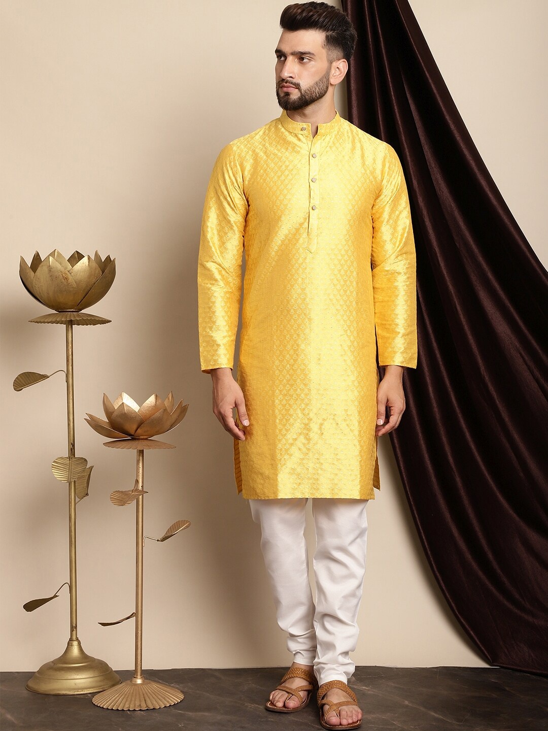 

Anouk Ethnic Motifs Embroidered Band Collar Regular Kurta with Churidar, Mustard