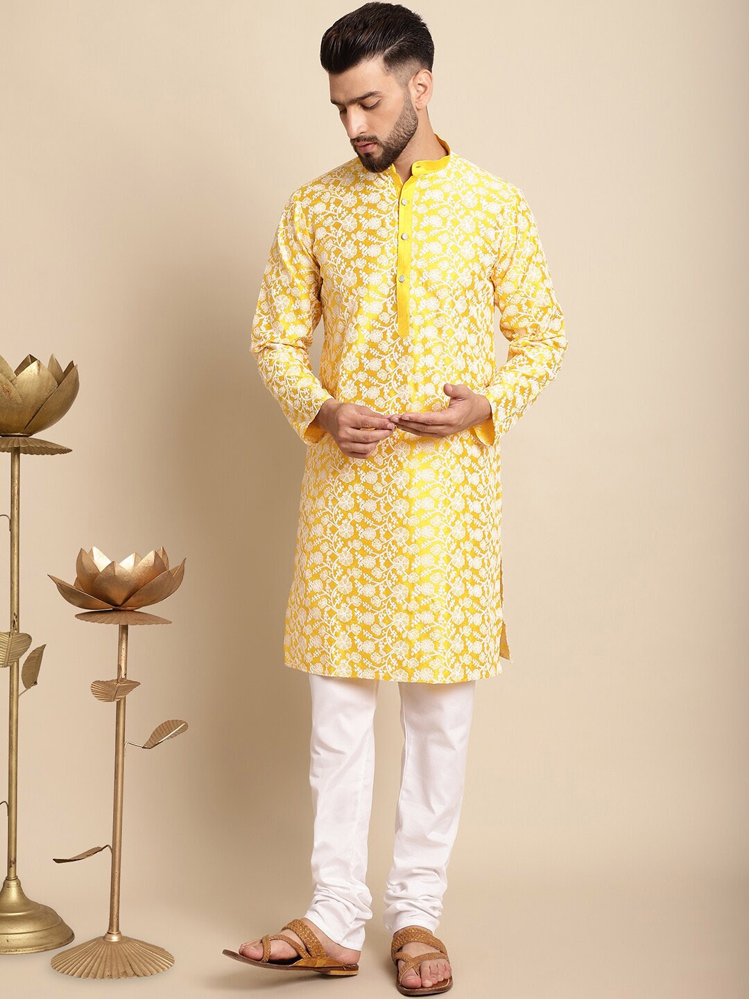 

Anouk Floral Embroidered Silk Cotton Kurta With Churidar, Mustard