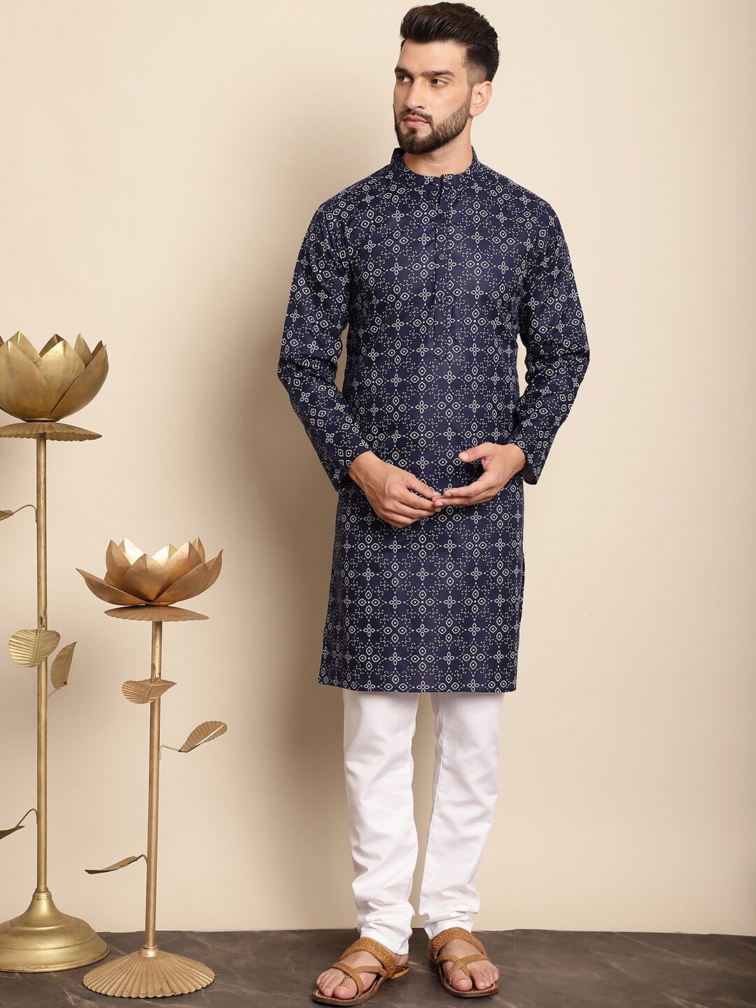 

Anouk Ethnic motifs Printed Band Collar Regular Kurta with Churidar, Navy blue