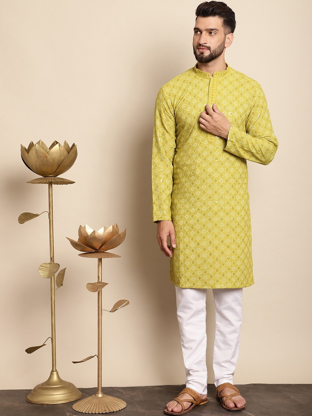 

Anouk Green Ethnic Motifs Embroidered Sequinned Pure Cotton Kurta with Churidar