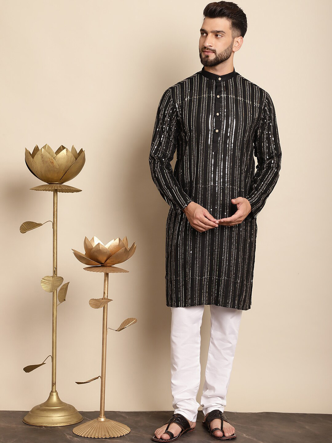 

Anouk Leheriya Embroidered Regular Pure Cotton Kurta with Churidar, Black