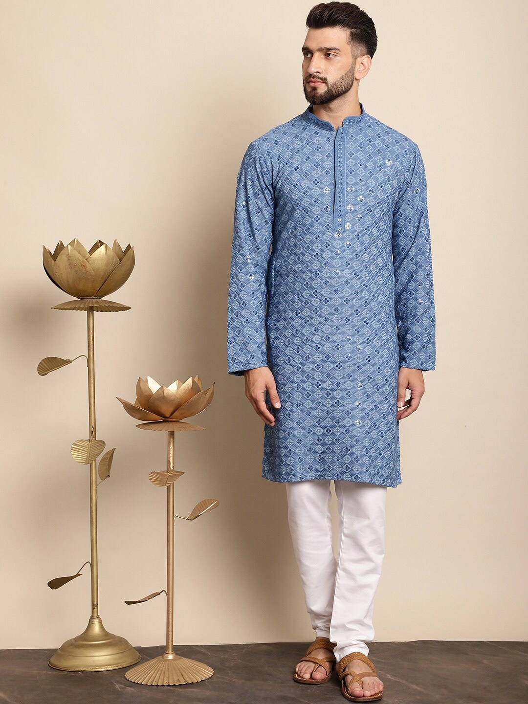 

Anouk Ethnic Motifs Embroidered Mandarin Collar Straight Pure Cotton Kurta with Churidar, Blue