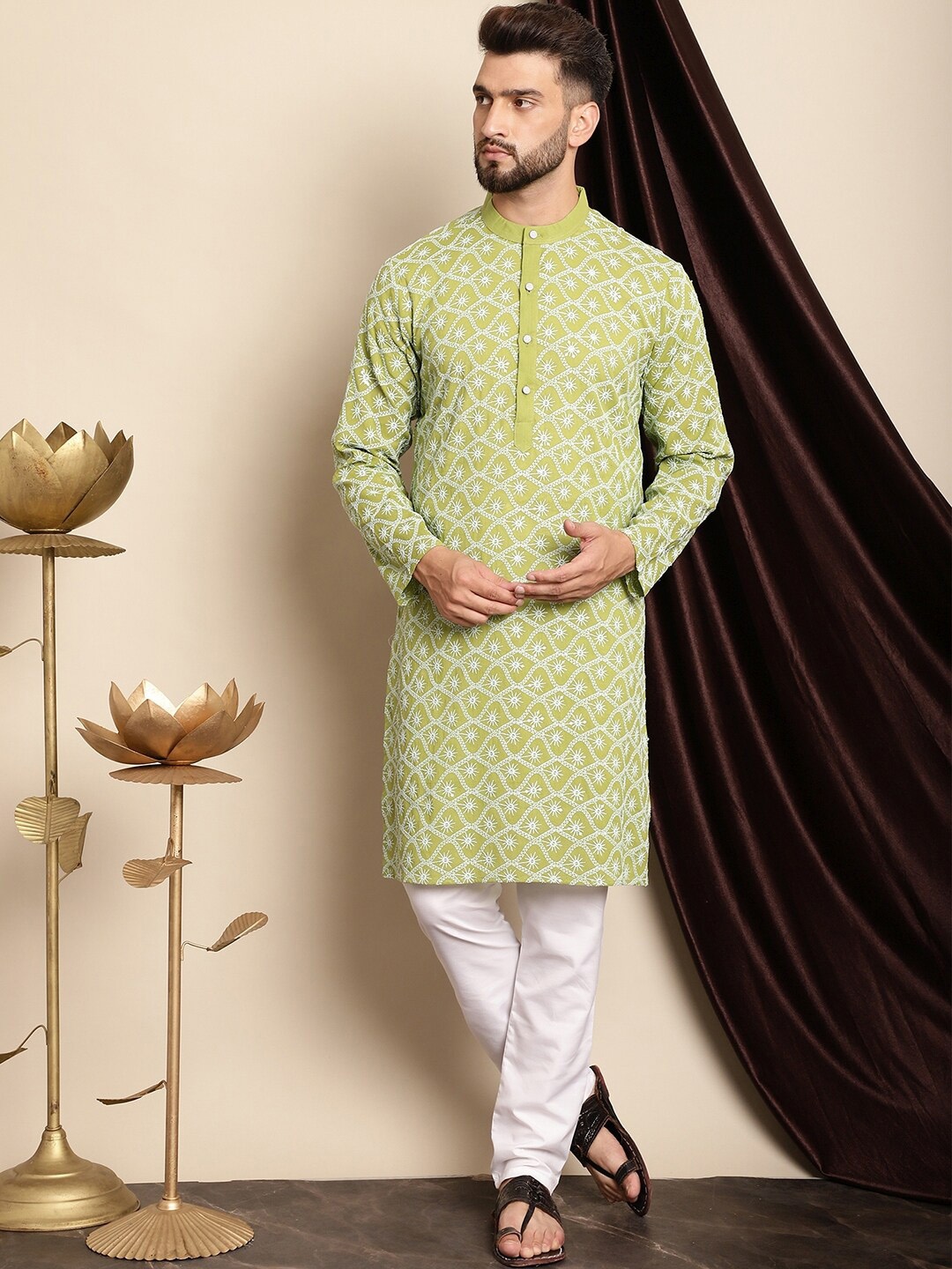 

Anouk Green Ethnic Motifs Embroidered Thread Work Pure Cotton Straight Kurta With Churidar