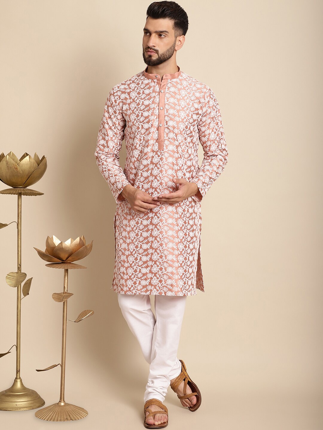 

Anouk Floral Embroidered Band Collar Regular Kurta with Churidar, Peach