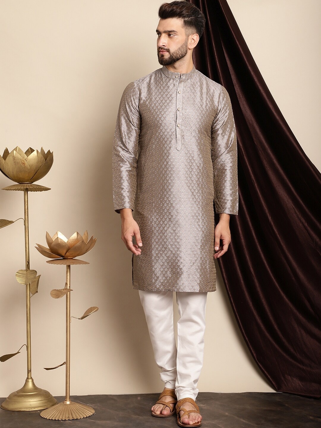 

Anouk Ethnic Motifs Woven Design Band Collar Straight Kurta with Churidar, Grey