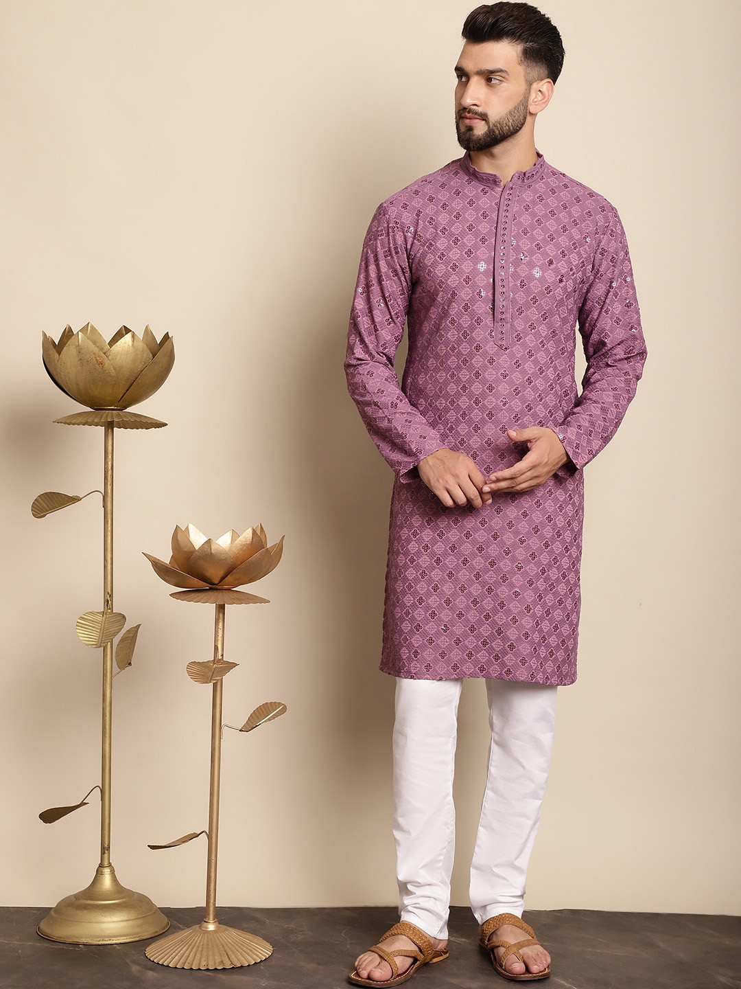 

Anouk Geometric Embroidered Regular Thread Work Pure Cotton Kurta with Churidar, Purple