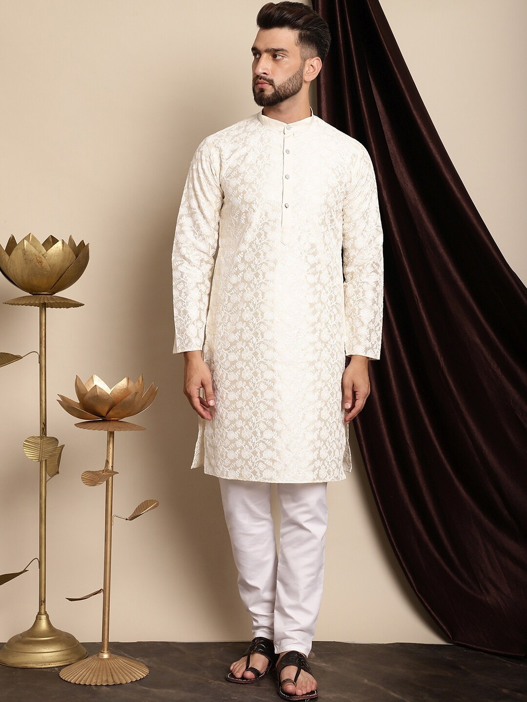 

Anouk Floral Embroidered Band Collar Regular Kurta with Churidar, Cream