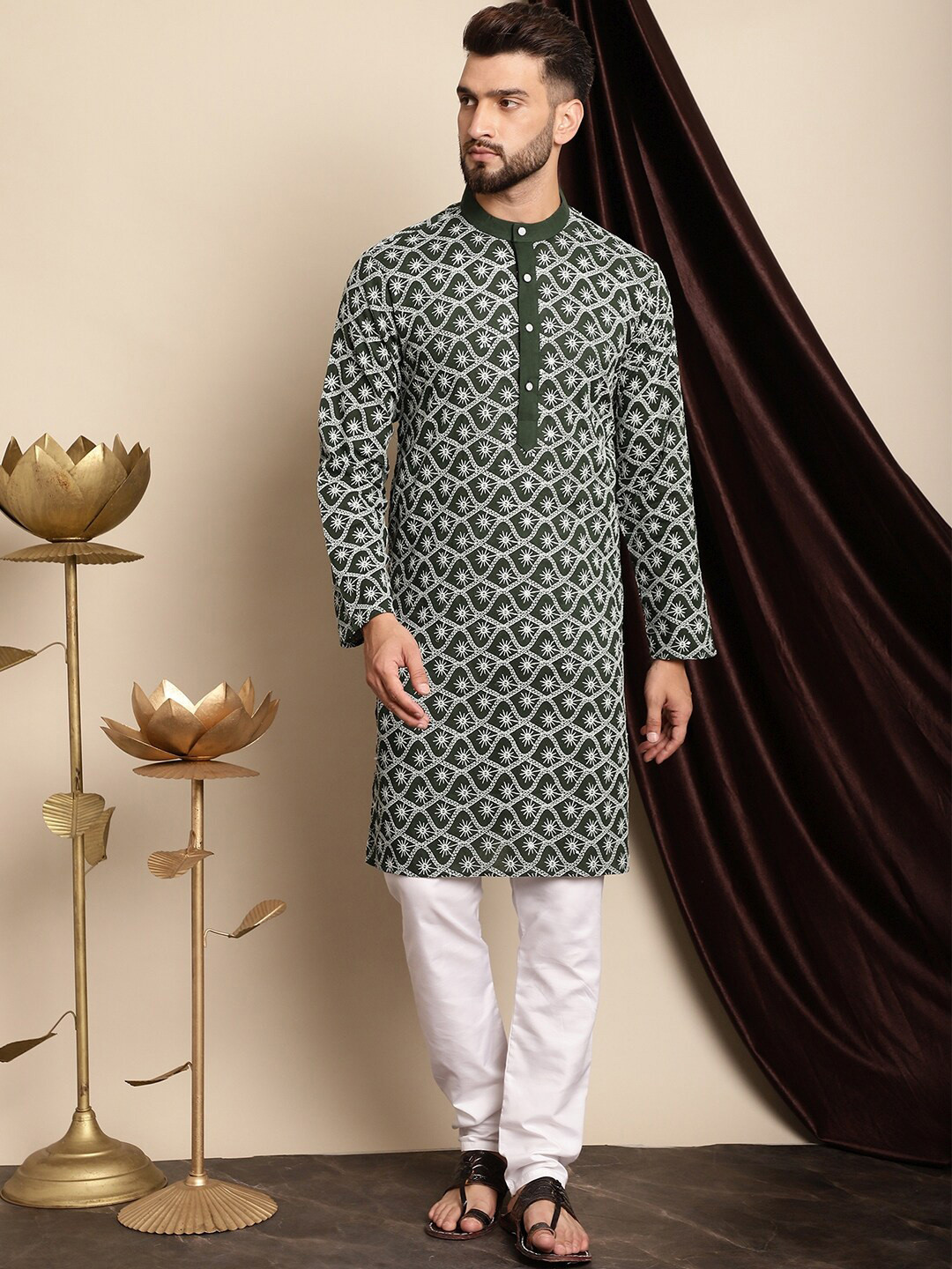 

Anouk Ethnic Motifs Embroidered Band Collar Pure Cotton Regular Kurta with Churidar, Green