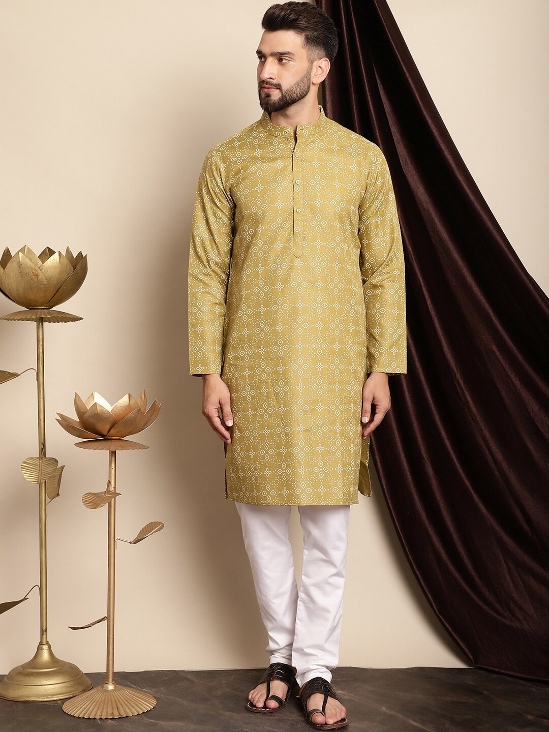 

Anouk Olive Green & White Ethnic Motifs Printed Kurta With Churidar