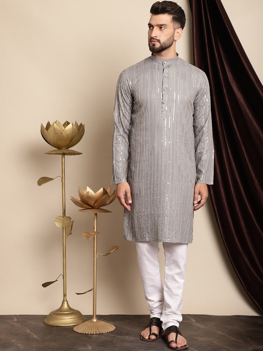 

Anouk Ethnic Motifs Embroidered Sequinned Pure Cotton Kurta with Churidar, Grey