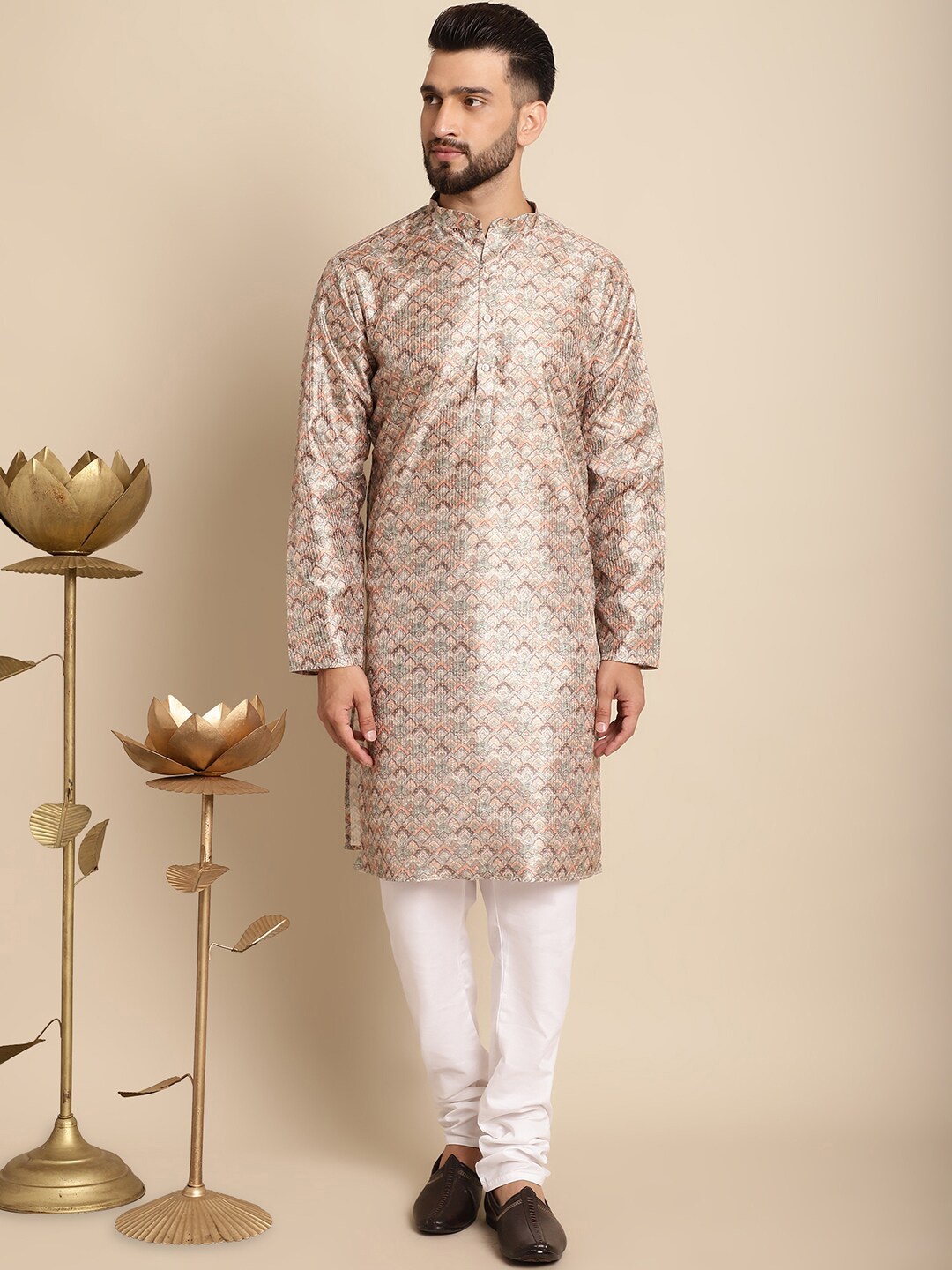 

Anouk Ethnic Motifs Printed Jacquard Silk Kurta with Churidar, Beige